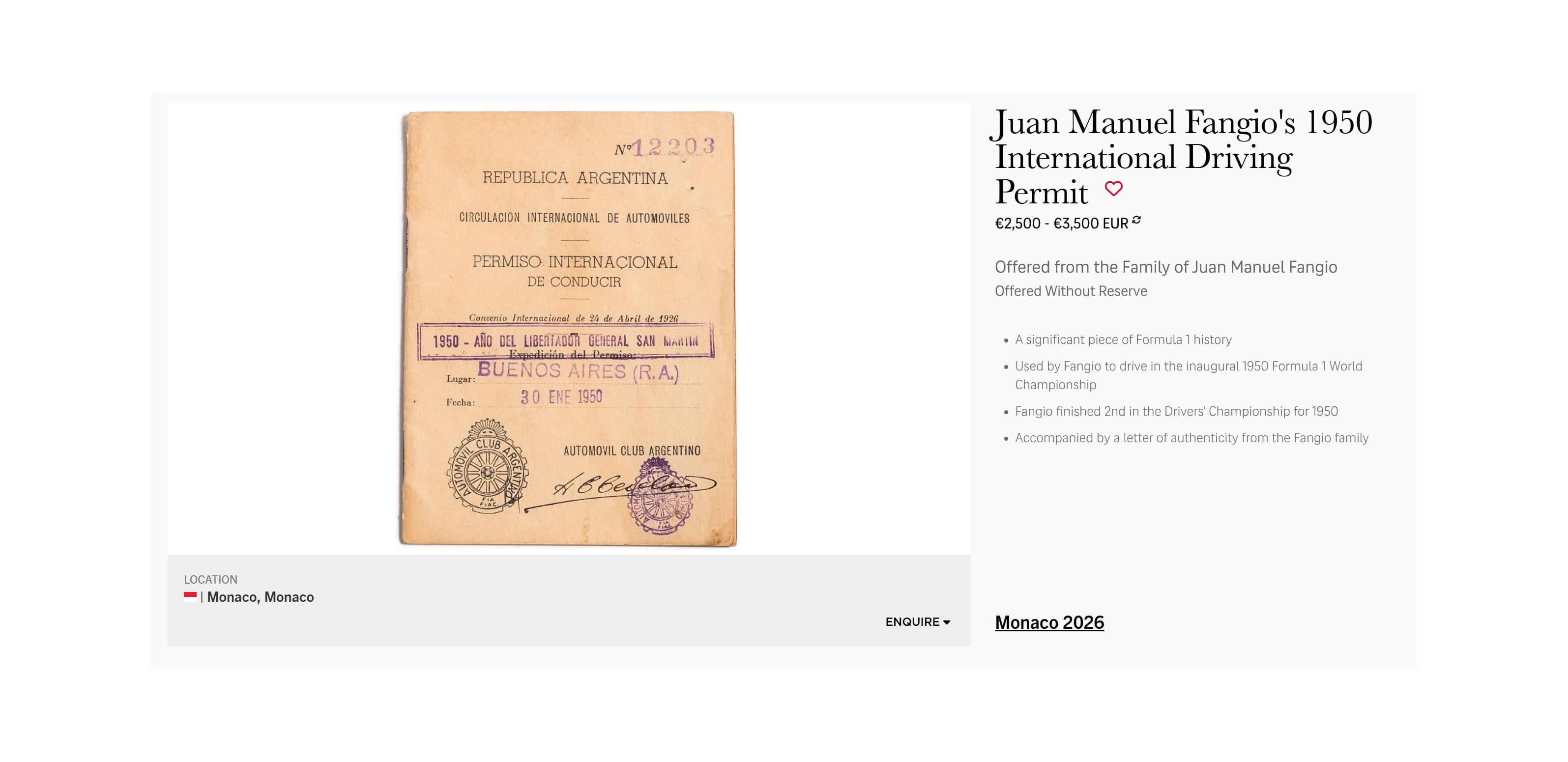 La licencia internacional para conducir de Fangio