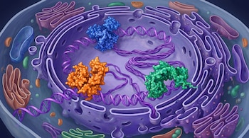 Ilustración detallada de una célula humana en corte transversal. El núcleo central contiene proteínas (azul cobalto, naranja, verde esmeralda) y ADN violeta. La membrana nuclear se reconstruye.