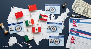 Mapa de EE. UU. con banderas de China, India, México, Filipinas y Nepal. Tarjetas del Departamento de Estado, formularios de visa, dólares y relojes de arena.
