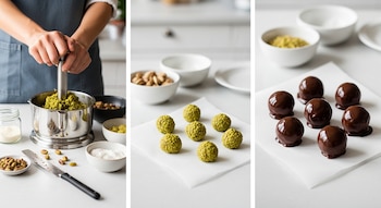 Una fotografía dividida en tres paneles horizontales que muestra la elaboración de bombones: molienda de pistachos, bolitas de relleno y bombones bañados en chocolate.