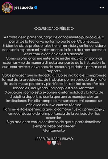 Comunicado de Jessenia Uceda