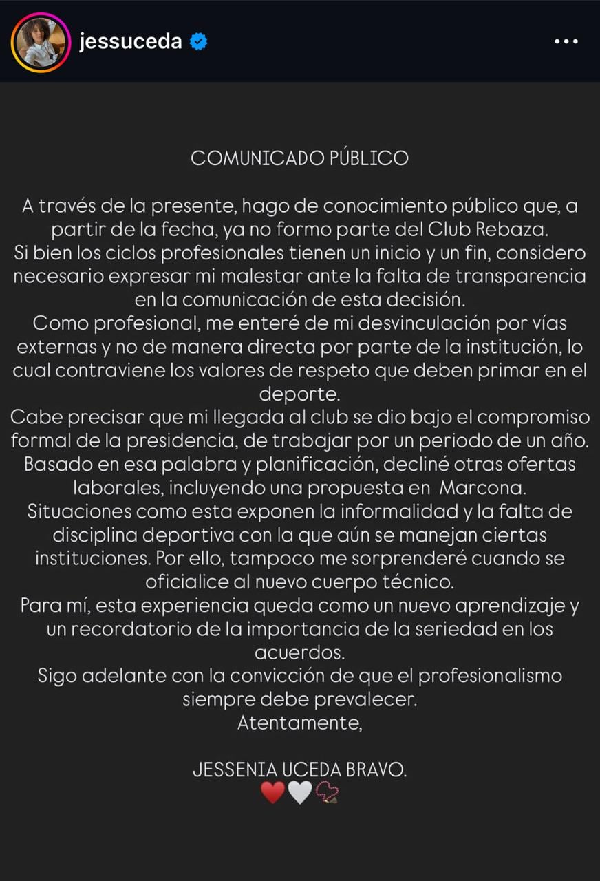 Comunicado de Jessenia Uceda