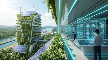 Edificio moderno con jardines verticales, paneles solares y turbinas eólicas junto a un canal. Interior con dos hombres usando pantallas holográficas.