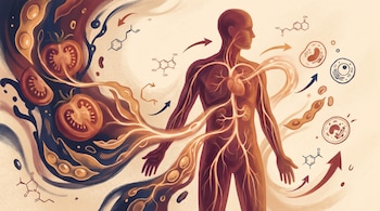 Ilustración de una figura humana con sistema circulatorio luminoso, rodeada de tomates, vainas de soja y fórmulas moleculares, conectándose con rutas metabólicas.