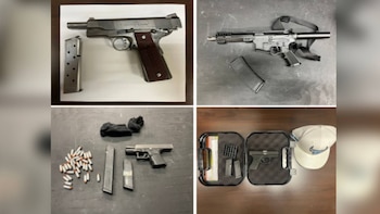 Cuatro fotos muestran armas de fuego variadas: una pistola con cargador, un fusil corto con correa, una pistola con municiones y otra en estuche