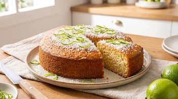 Una torta redonda con una porción cortada, cubierta de coco rallado y cáscara de limón, sobre un plato, junto a limones y un cuchillo.