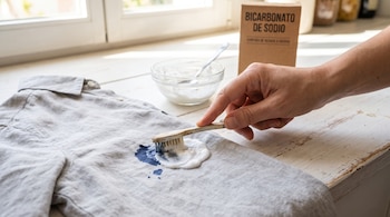 Mano de mujer frota una pasta blanca con cepillo de dientes sobre mancha de tinta azul en camisa de lino gris; hay un cuenco y una caja de bicarbonato de sodio.