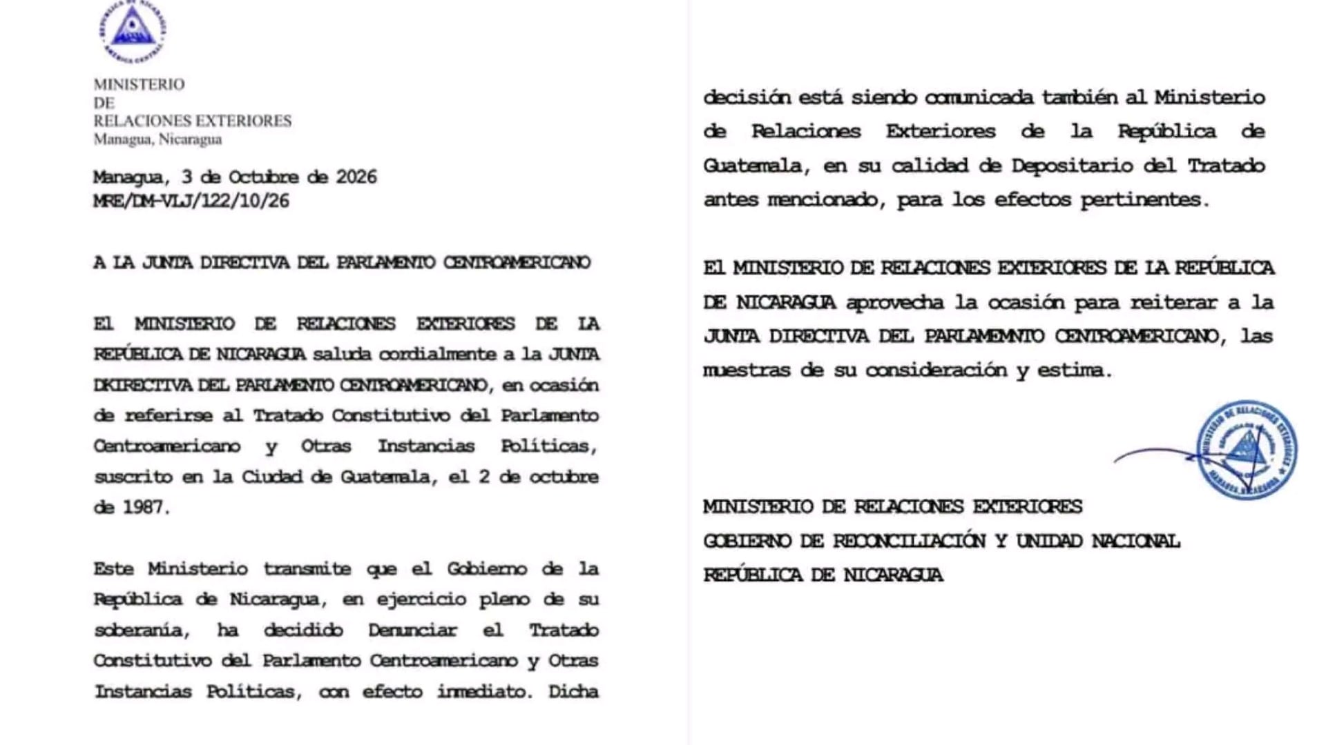 La dictadura de Nicaragua anunció su salida del Parlamento Centroamericano tras denunciar el tratado constitutivo del organismo