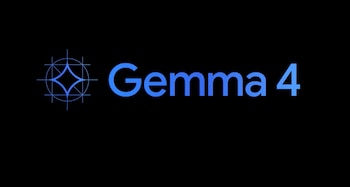 Un logo azul con texto "Gemma 4" y un símbolo geométrico de estrella dentro de un círculo con líneas cuadriculadas sobre un fondo negro