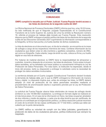 Comunicado de la ONPE.