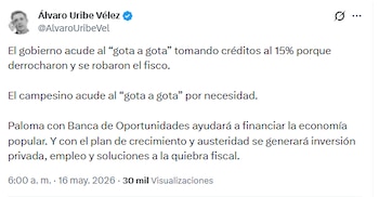Álvaro Uribe afirmó que el Gobierno Petro se endeudó por capricho - crédito @AlvaroUribeVel/X