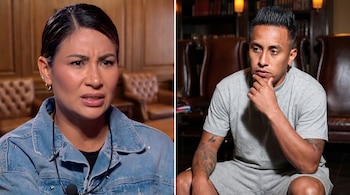 Imagen dividida con Pamela López a la izquierda con expresión de disgusto, y Christian Cueva a la derecha con mirada pensativa y mano en la barbilla.