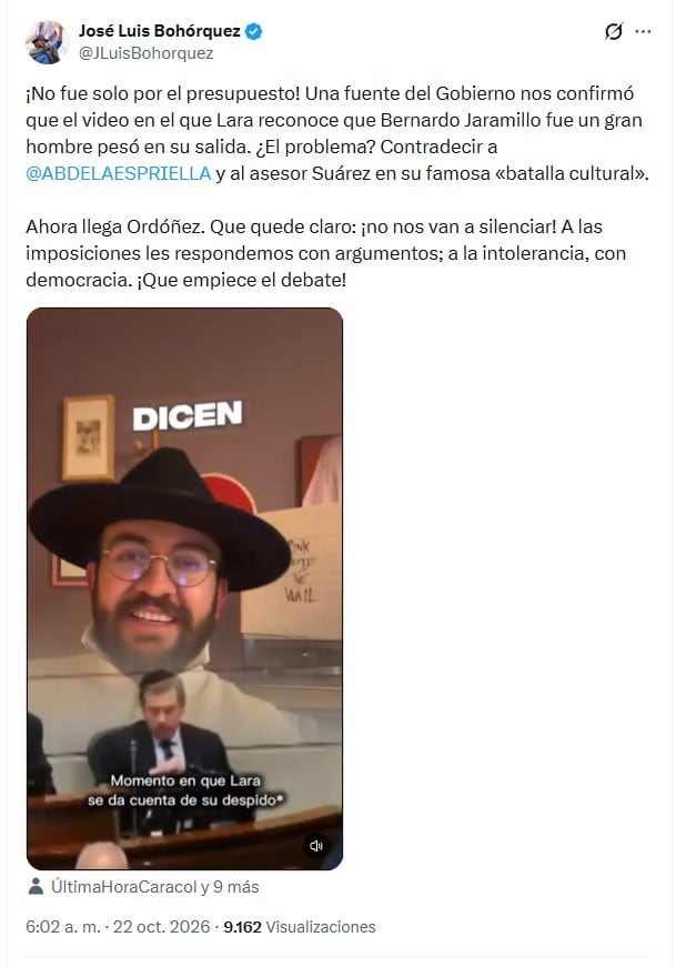 Bohórquez señaló a Carlos Suárez, presidente de la junta directiva de Ecopetrol, en el video que compartió vía X la mañana del jueves 22 de octubre de 2026 - crédito @JLuisBohorquez/X