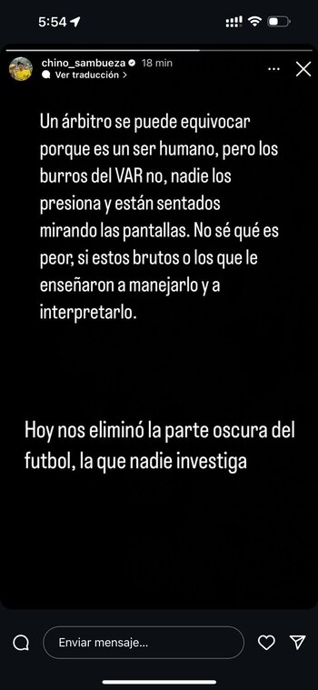 Mensaje de Fabian Sambueza tras los errores arbitrales en el partido entre Boyacá Chicó vs. Atlético Bucaramanga - crédito Instagram Fabian Sambueza