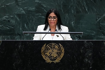 La presidenta encargada de Venezuela, Delcy Rodríguez, da su mensaje ante la 81er Asamblea General de la ONU, el 23 de septiembre de 2026. (AP Foto/Frank Franklin II)