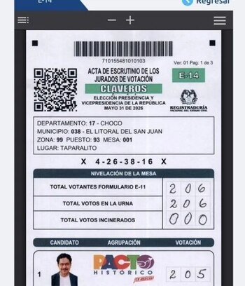 La investigación halló 50 mesas con votación unánime en municipios de Chocó, incluidos Alto Baudó, Bojayá, Litoral de San Juan y Medio Baudó. - crédito captura de pantalla de registraduría