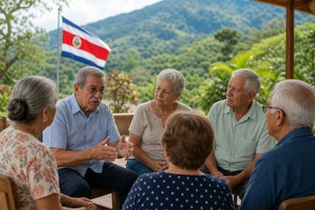 Seis personas mayores sentadas en círculo conversan al aire libre frente a una bandera de Costa Rica y montañas de fondo.