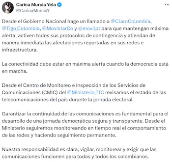 Murcia solicita a Claro, Tigo y Movistar mantener máxima alerta y activar planes de contingencia ante afectaciones en la conectividad. - crédito @CarinaMurciaY/X