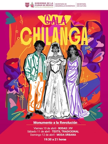 Póster vibrante de la Gala Chilanga 2026 con tres modelos estilizados al centro: un hombre, una mujer vestida de novia y otra con vestido morado. Fondo abstracto con patrones coloridos y texto del evento