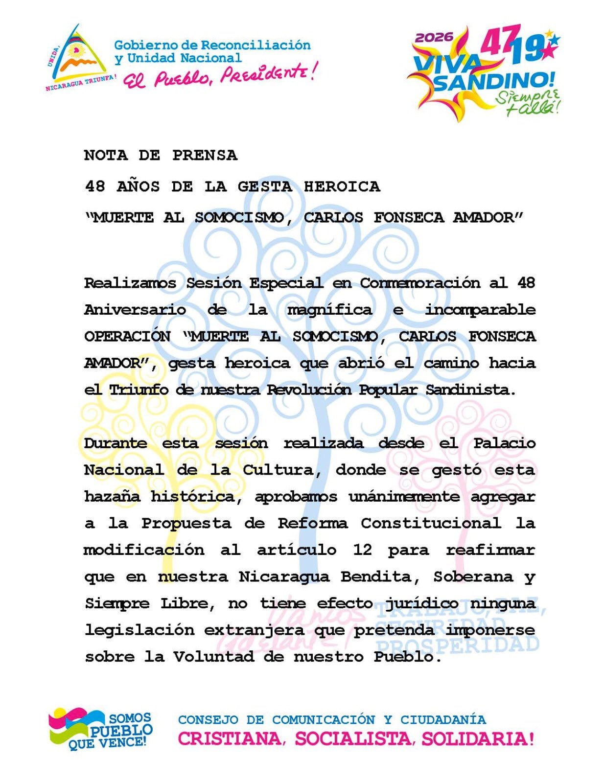 El nuevo párrafo del artículo 12 de la Constitución de Nicaragua impidió la vigencia de leyes, reglamentos o normativas extranjeras que, según el régimen, afecten la soberanía o la seguridad nacional. (Retomado de: Asamblea Nacional de Nicaragua)
