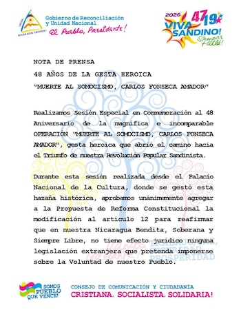El nuevo párrafo del artículo 12 de la Constitución de Nicaragua impidió la vigencia de leyes, reglamentos o normativas extranjeras que, según el régimen, afecten la soberanía o la seguridad nacional. (Retomado de: Asamblea Nacional de Nicaragua)