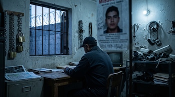 Un hombre de espaldas revisa folios en un escritorio junto a una ventana enrejada, cámaras de seguridad, candados y un cartel de búsqueda.