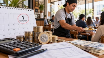 Calendario con el 1 de noviembre marcado en rojo, monedas, billetes peruanos, una calculadora y un camarero que sirve comida en un restaurante