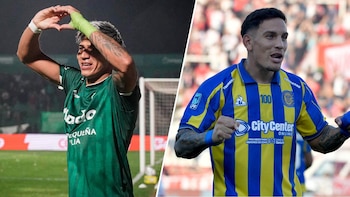 Composición de dos futbolistas, uno con camiseta verde que forma un corazón con las manos y otro con camiseta a rayas azules y amarillas