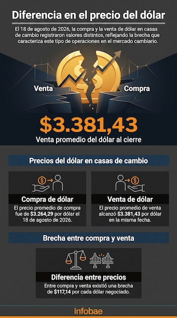 Al cierre de la jornada del 18 de agosto de 2026, el precio promedio de compra de dólar en las casas de cambio era de $3.264,29, mientras que el de venta se ubicaba en $3.381,43 - crédito Infobae Colombia
