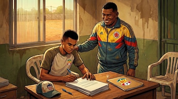 Joven futbolista firma un contrato en mesa. Un hombre mayor con chaqueta de colores colombianos lo observa. Escudo de fútbol colombiano visible en camiseta y carpeta.