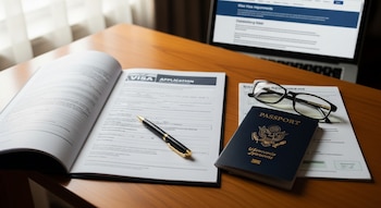 Un escritorio de madera con un formulario de solicitud de visa abierto, un bolígrafo, un pasaporte, gafas y un ordenador portátil.
