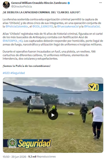 La Policía Nacional detuvo a uno de los más buscados de Antioquia y debilitó estructura del Clan del Golfo - crédito @DirectorPolicia/X