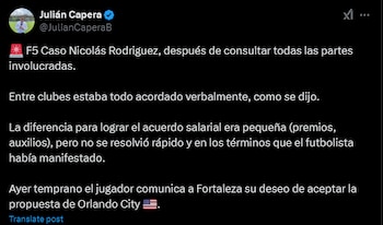 Los detalles del porqué se cayó el negocio de Nicolás Rodríguez a Millonarios - crédito @JulianCaperaB / X