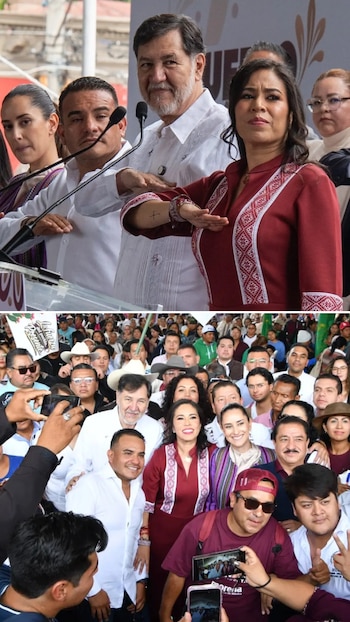 Dos fotografías que muestran a Gerardo Fernández Noroña y otros políticos en un presídium realizando un saludo y posando con una multitud