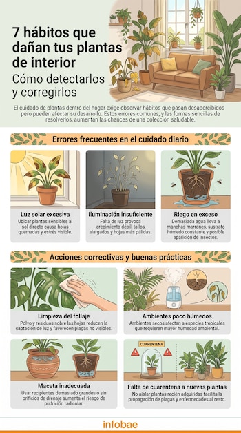 Infografía de Infobae que muestra un salón con plantas de interior, y recuadros con ilustraciones de siete errores comunes y sus acciones correctivas.