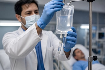 Un médico con bata blanca, mascarilla y guantes azules sostiene una bolsa transparente de suero colgada en un soporte metálico.