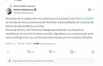 Captura de pantalla de un tuit de Adrián Rubalcava, repostado por MetroCDMX, anunciando la suspensión del servicio en la Línea A del Metro CDMX por una catenaria rota