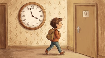 Ilustración de un niño con mochila caminando por un pasillo. Detrás, un reloj de pared con números romanos. Al frente, una puerta con el símbolo del baño.