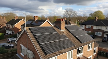 Vista aérea de varias casas residenciales con techos de tejas, paneles solares y unidades de aire acondicionado; incluye chimeneas y vehículos.