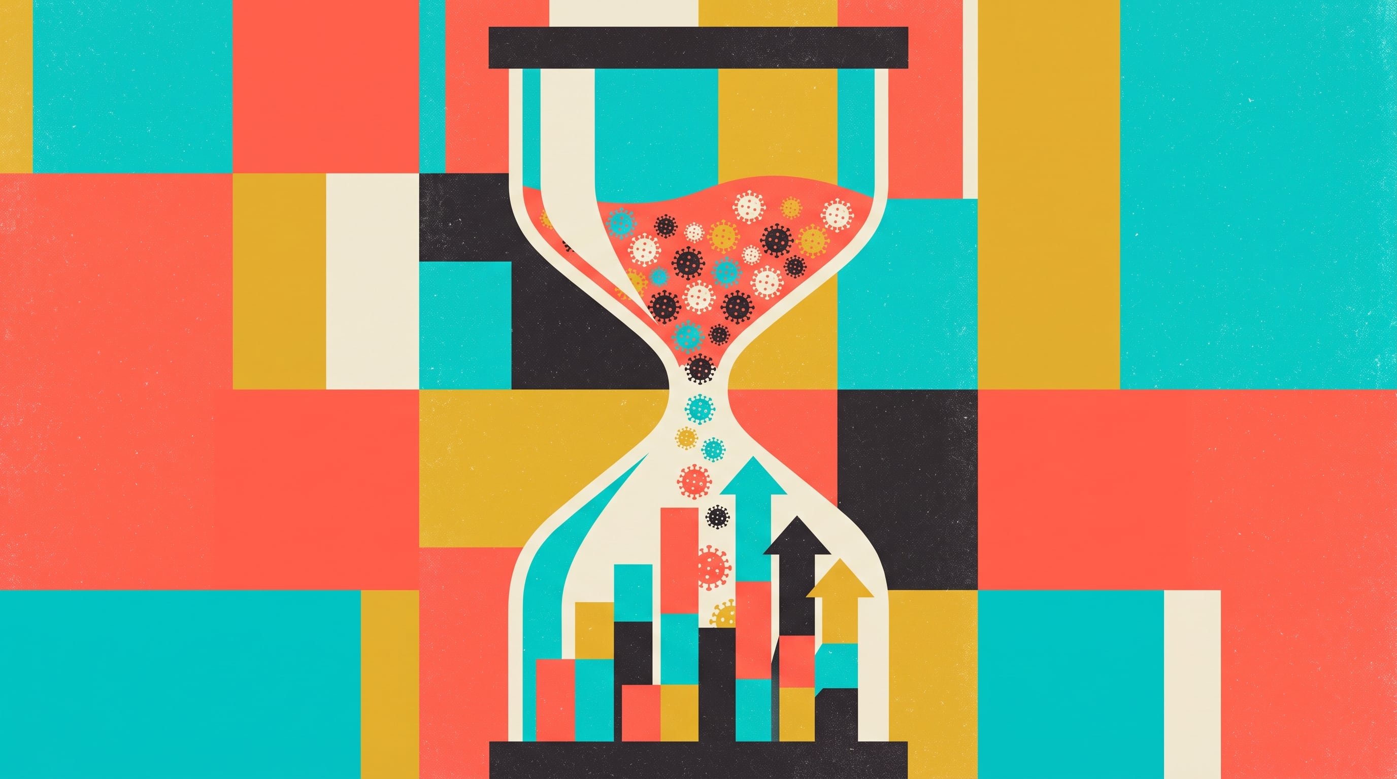 Un reloj de arena con partículas del virus COVID-19 que se transforman en un gráfico estadístico representa la evolución de la pandemia a través del tiempo. (Imagen Ilustrativa Infobae)