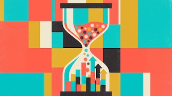 Reloj de arena sobre fondo geométrico de colores, con ilustraciones del virus en la parte superior y un gráfico de barras en la parte inferior.
