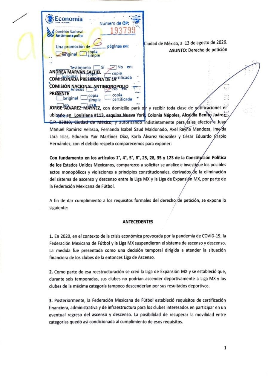 Álvarez Máynez envió petición a la Comisión Nacional Antimonopolio para investigar los verdaderos motivos detrás de la eliminación del ascenso y descenso (X/ @AlvarezMaynez)