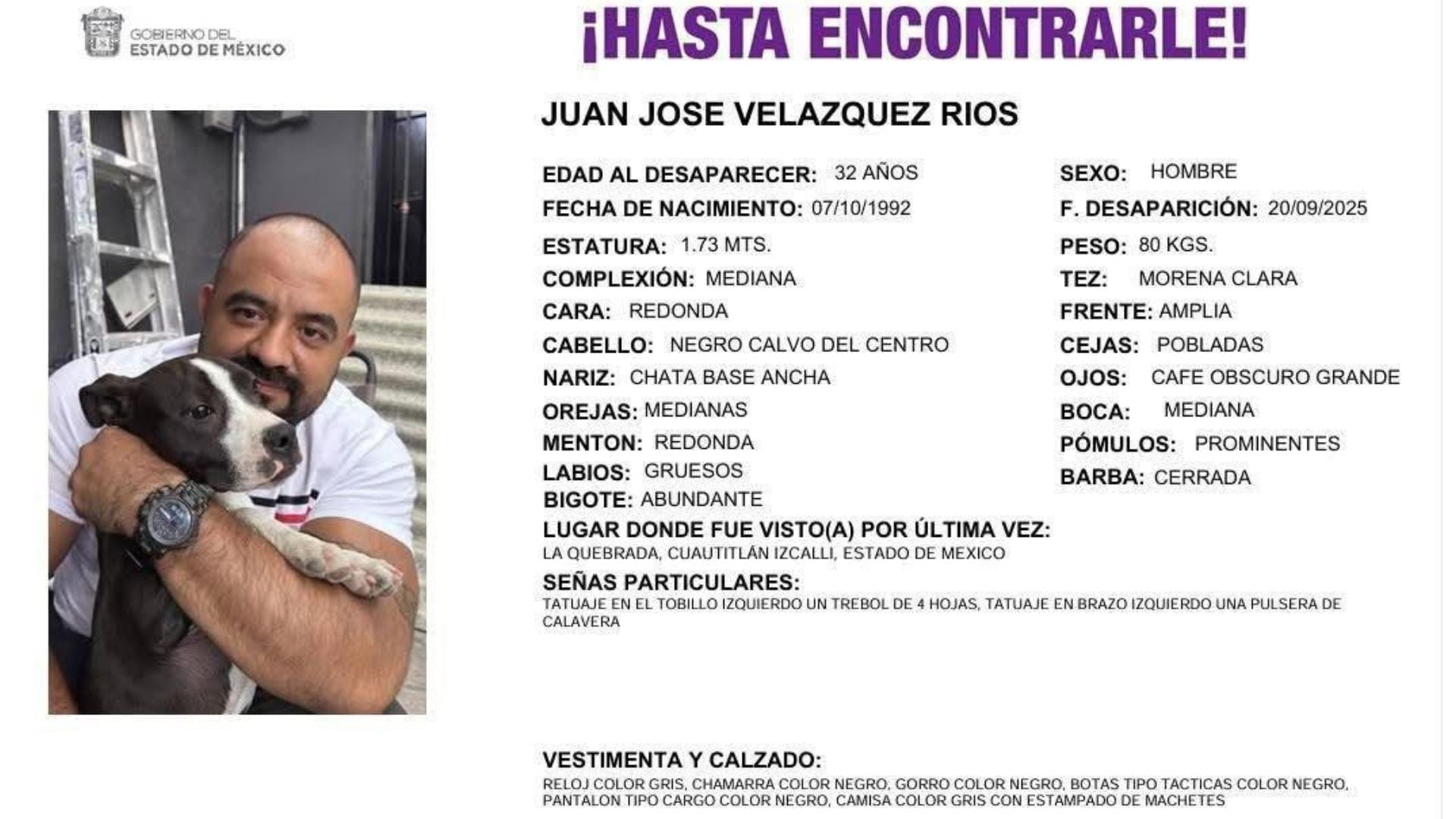 El Gobierno del Estado de México difundió una ficha de búsqueda para localizar a Juan José Velázquez Ríos, quien desapareció en el municipio de Cuautitlán Izcalli.