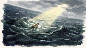 Ilustración de un barco de madera entre grandes olas en un océano oscuro bajo un haz de luz que proviene de nubes grises.