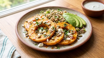 Un plato con cuatro rodajas de calabaza asada, ensalada de quinoa, aguacate rebanado, queso desmenuzado, semillas de calabaza, cilantro y un cuenco con salsa.