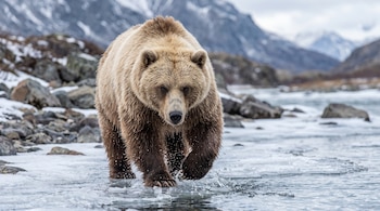 Oso de pelaje claro y patas oscuras caminando sobre hielo y agua en la orilla de un río con montañas al fondo.