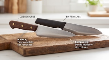 Dos cuchillos de cocina, uno con mango de madera y remaches, y otro con mango compuesto sin costuras, sobre una tabla de cortar de madera.