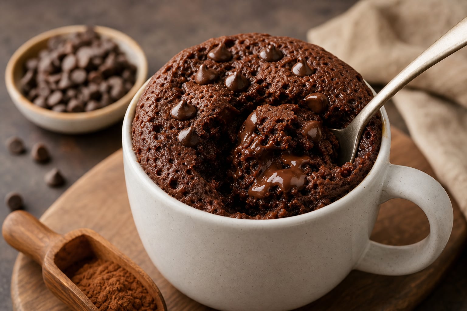 Un bizcocho de chocolate estilo brownie reposa en una taza blanca con chispas y relleno fundido junto a una pala con cacao en polvo. (Imagen Ilustrativa Infobae)