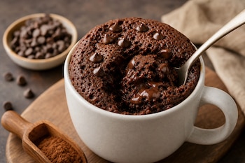 Pastel de chocolate en taza blanca con chispas derretidas, cuchara de metal, cuenco con chispas y pala de madera con cacao.
