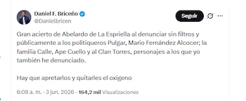 El congresista electo Daniel F. Briceño celebró la denuncia que hizo Abelardo de la Espriella sobre presunta compra de votos - crédito @Danielbricen/X